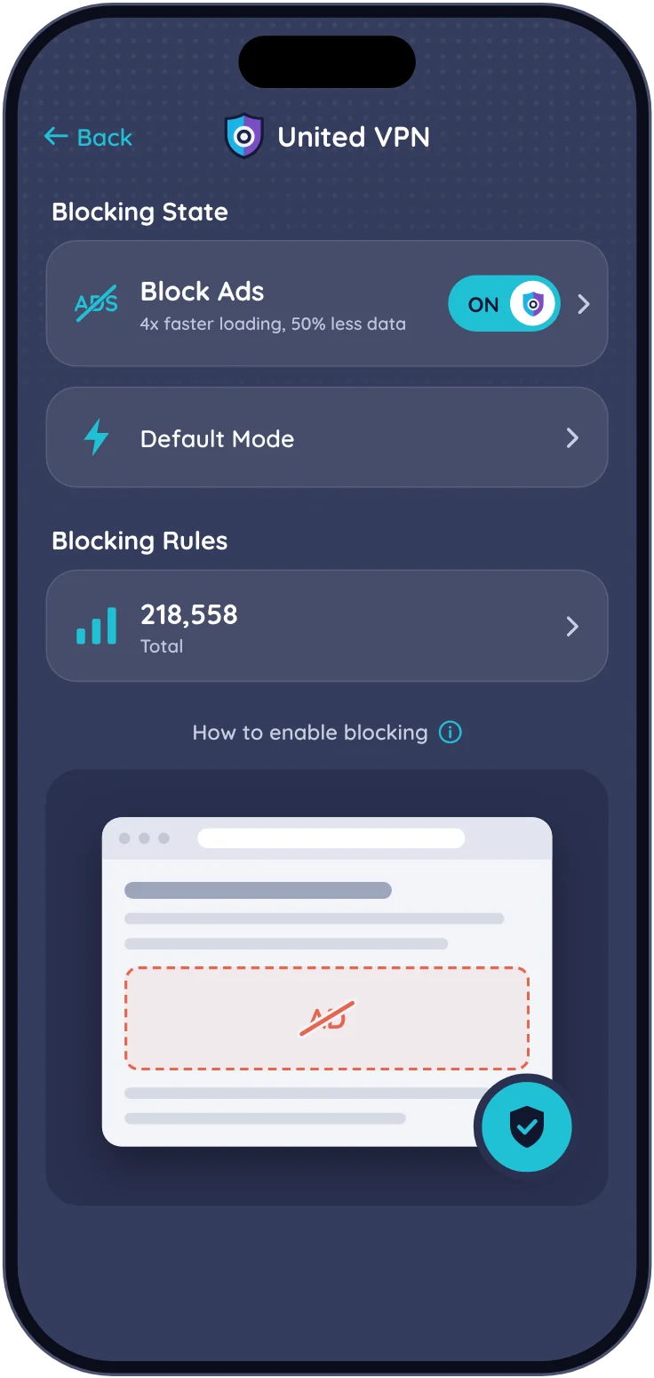 United VPN ad blocker screen on iPhone