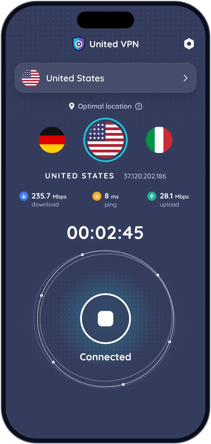 United VPN connected to a server in the United States on iPhone