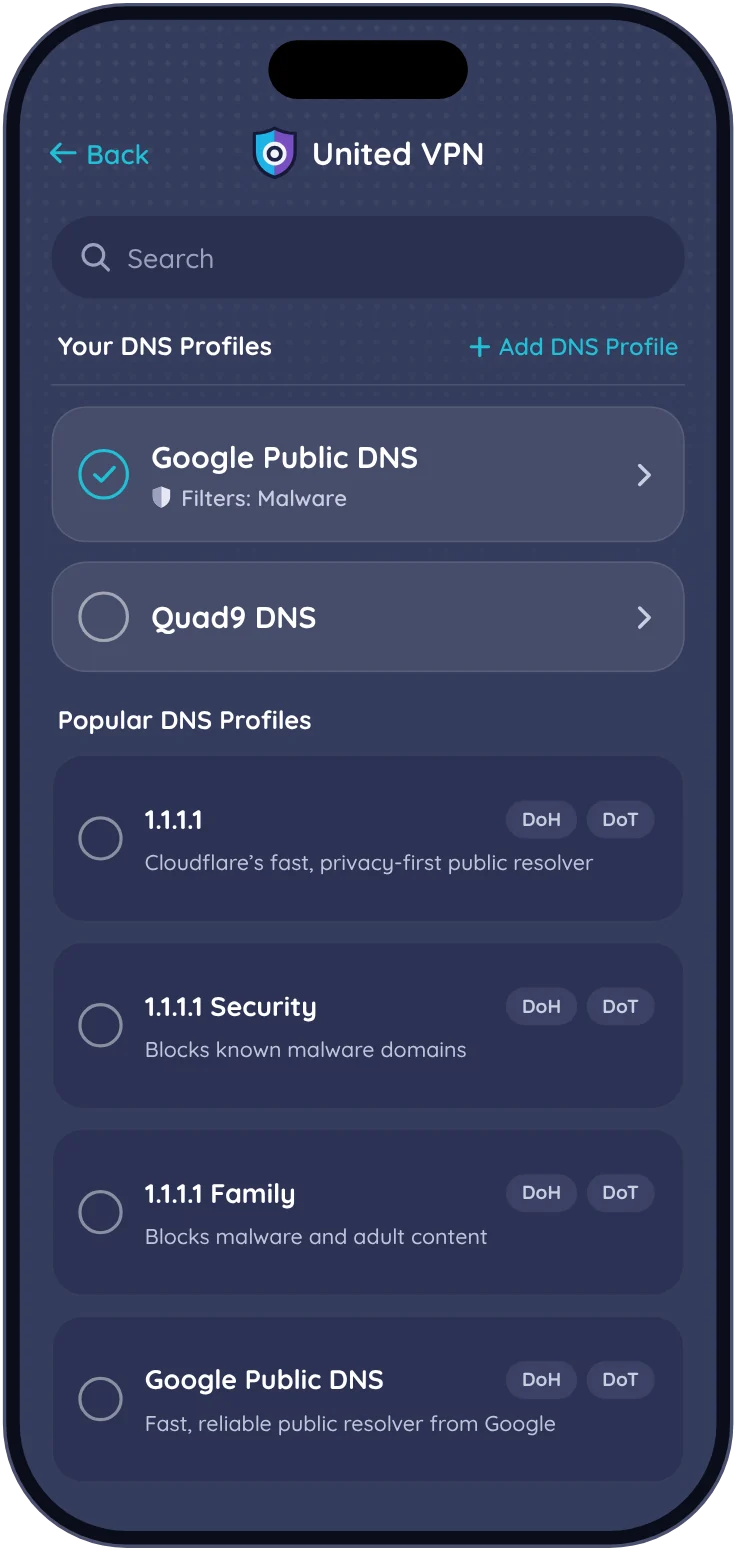 DNS profiles in United VPN: Google Public DNS, Quad9, Cloudflare