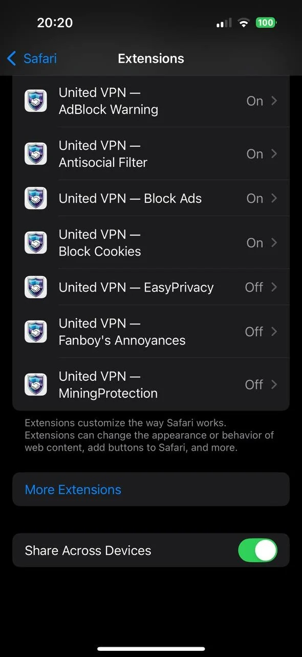 iPhone Settings, Safari Extensions: seven United VPN blockers — AdBlock Warning, Antisocial Filter, Block Ads, Block Cookies, EasyPrivacy, Fanboy’s Annoyances and MiningProtection