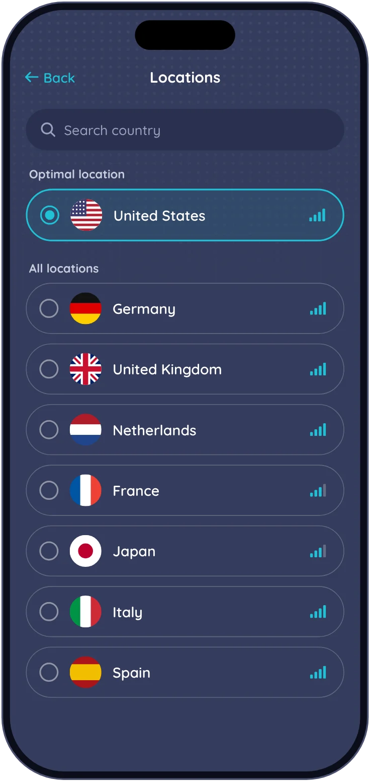 Server locations list in United VPN with Optimal location selected